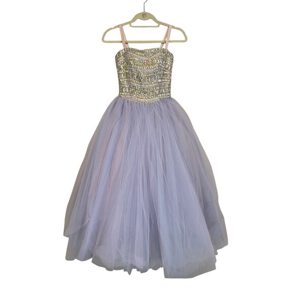 Mori Lee Designer Crystal Beaded Light Purple Silver Tulle Ballgown Small